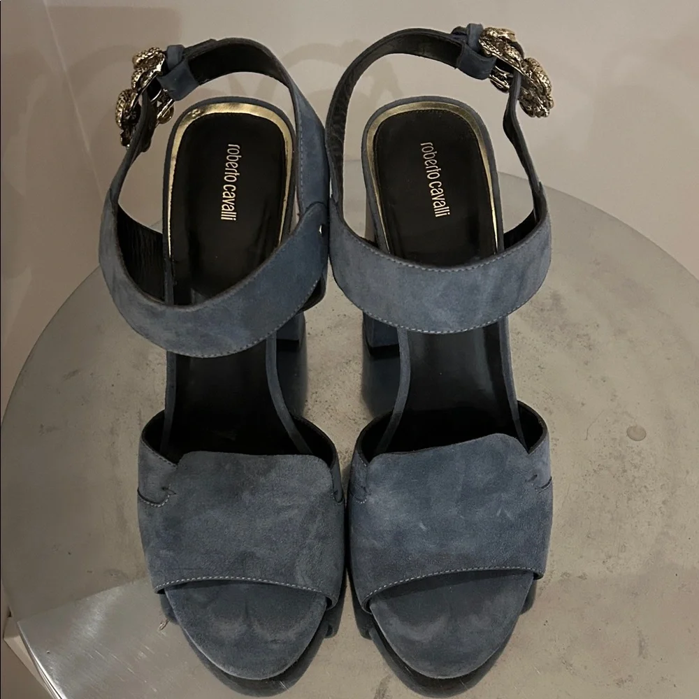 Roberto Cavalli Women's Blue Suede Block Heel Sandals - Picture 3 of 13